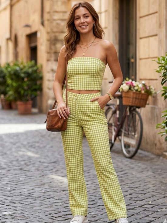 Le Lis Pants - Le Lis Lime Gingham Strapless Crop Top & Straight-Leg Pants